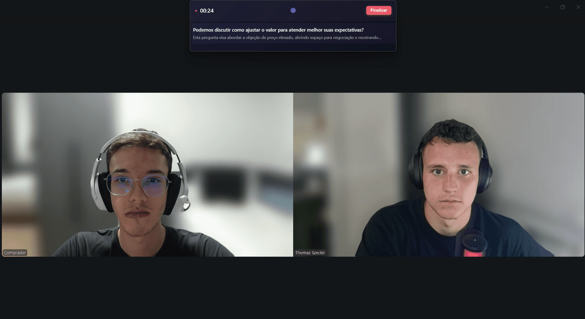 Videochamada da plataforma com a camada privada da SalesPilot podendo ser revelada.